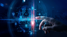 Finger pointing at floating computer generated image